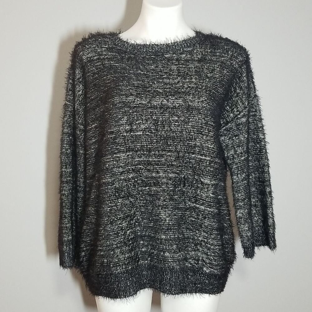 Halogen Black & Ivory Lurex Crewneck Fuzzy Sweater - Size Large - NWT $79